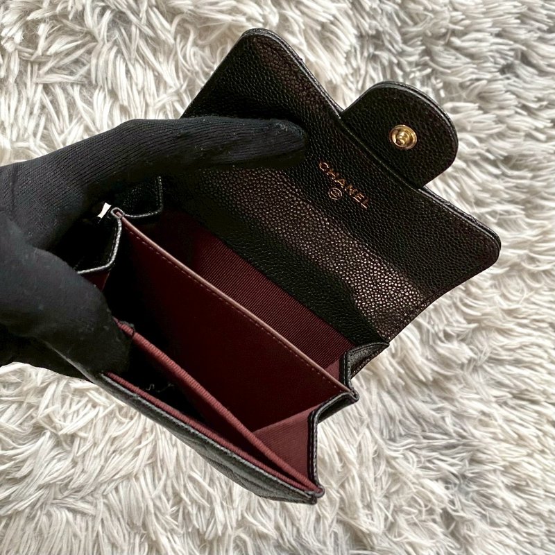 CHANEL 新款 黑色 荔枝牛皮 淡金 雙C 加大雙層 卡片包 零錢包 AP0220-6