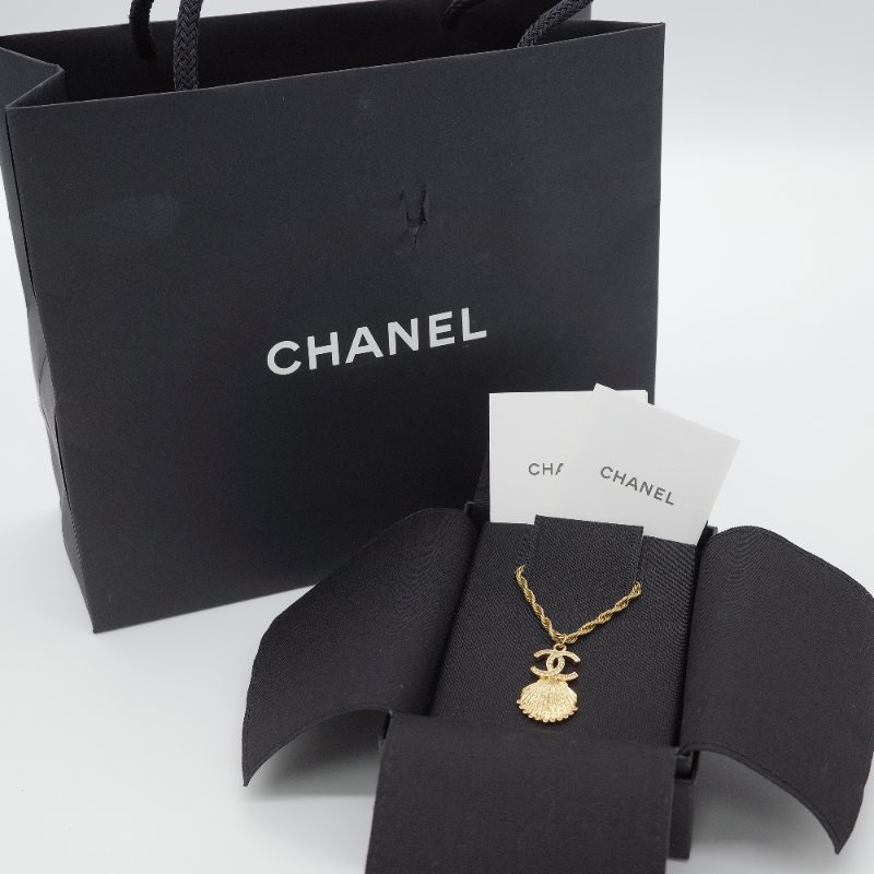 Chanel 香奈兒 CC 金色 鍍金金屬 水鑽 貝殼造型項鍊-0