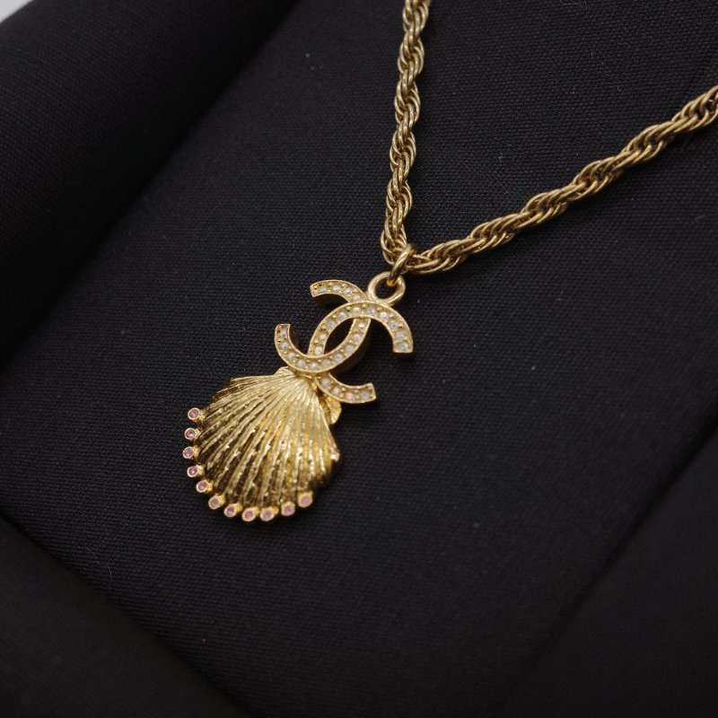 Chanel 香奈兒 CC 金色 鍍金金屬 水鑽 貝殼造型項鍊-2