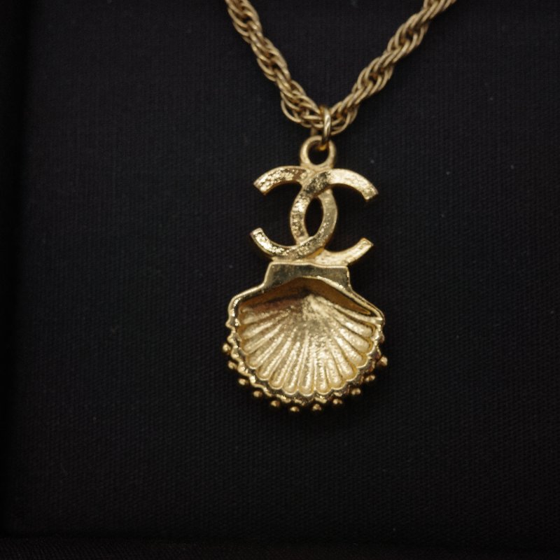 Chanel 香奈兒 CC 金色 鍍金金屬 水鑽 貝殼造型項鍊-4