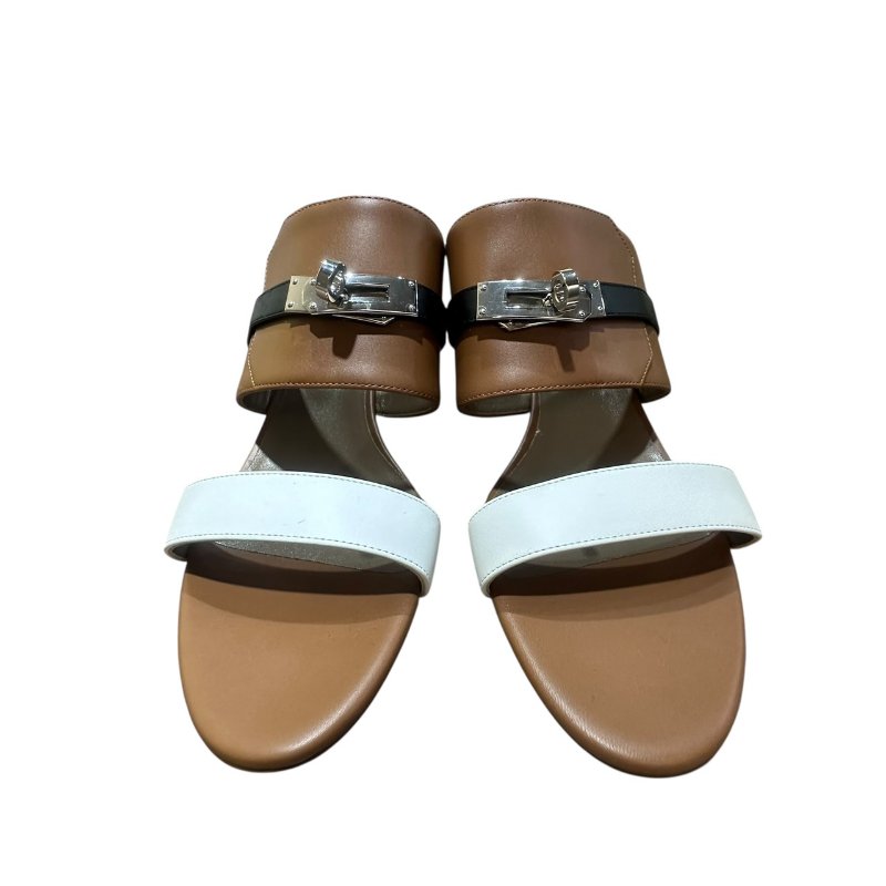 【美收精品】HERMES 茶白色皮革跟鞋 4-732-0