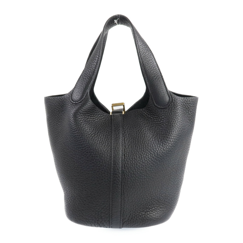 HERMES Clemence皮革Picotin PM金扣手挽袋Noir-2