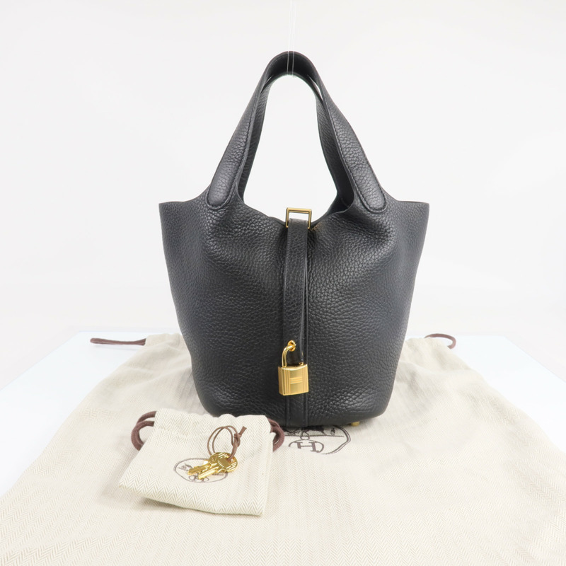 HERMES Clemence皮革Picotin PM金扣手挽袋Noir-8