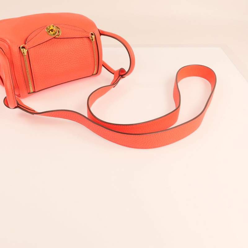 HERMES Clemence皮革Mini Lindy金扣手挽肩背兩用袋Rose Tomate-7