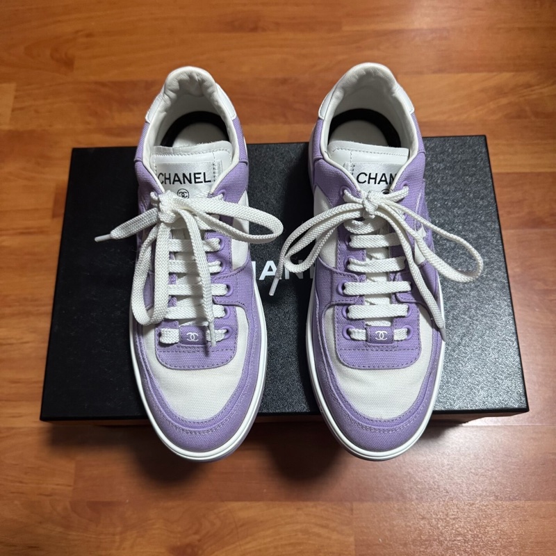 Chanel正品香奈兒雙C徽標休閒鞋 低幫板鞋 白紫色 37碼-2