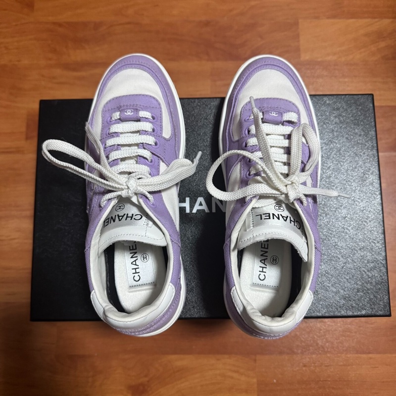 Chanel正品香奈兒雙C徽標休閒鞋 低幫板鞋 白紫色 37碼-3