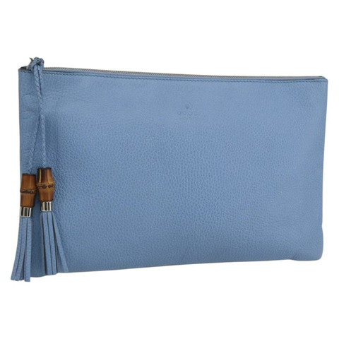 GUCCI 淺藍色金色皮革手拿包 376858 正品 157541V