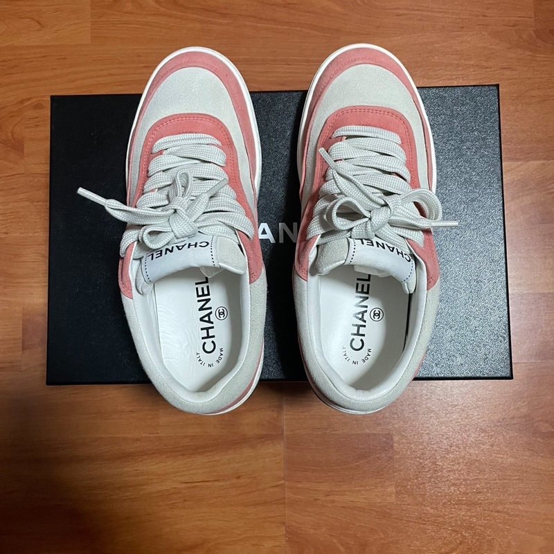 Chanel正品香奈兒徽標 低幫雙C板鞋 女款 粉白 37.5碼-3