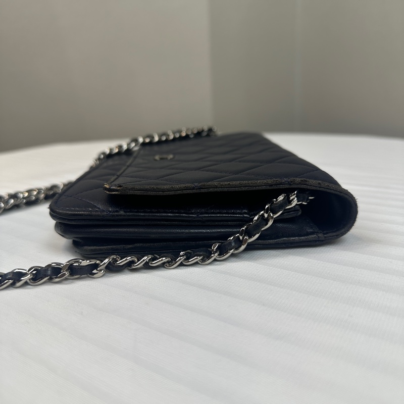 香奈兒/Chanel WOC 银扣深蓝色羊皮雙C鏈條單肩斜背包 20x5x13cm-3