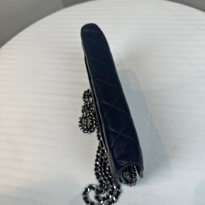 香奈兒/Chanel WOC 银扣深蓝色羊皮雙C鏈條單肩斜背包 20x5x13cm-4