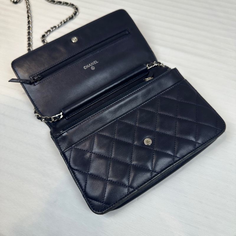 香奈兒/Chanel WOC 银扣深蓝色羊皮雙C鏈條單肩斜背包 20x5x13cm-5