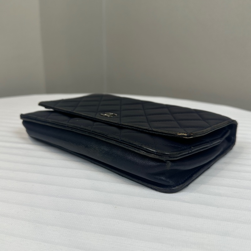 香奈兒/Chanel WOC 银扣深蓝色羊皮雙C鏈條單肩斜背包 20x5x13cm-11