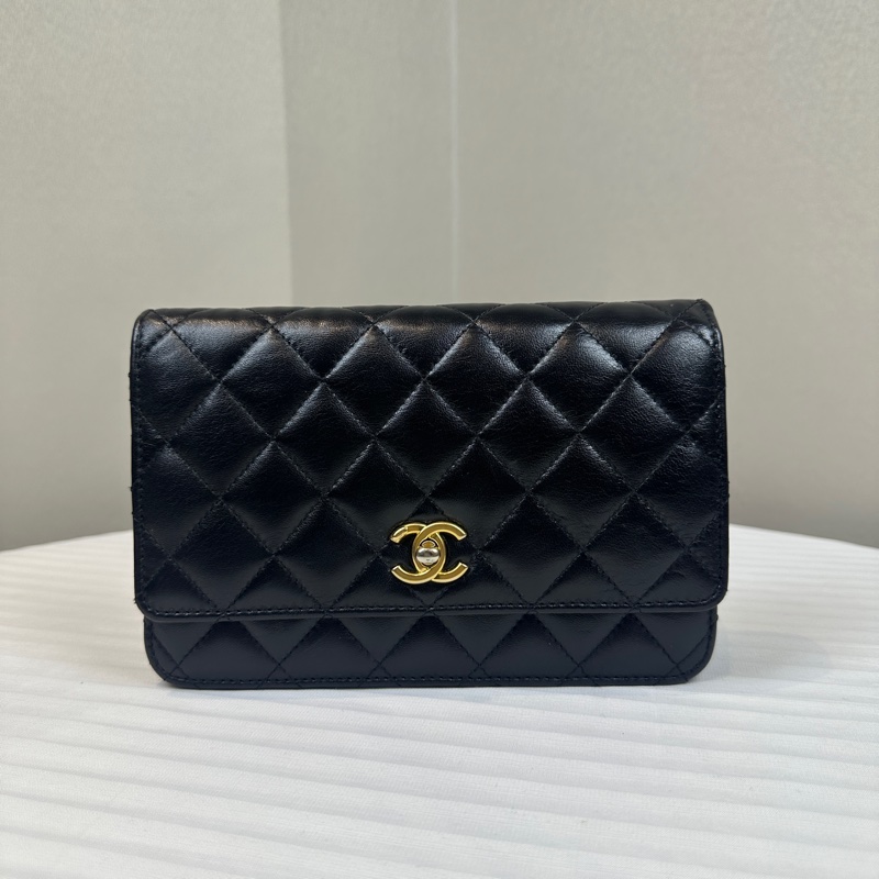 香奈兒/Chanel WOC 金扣黑色羊皮鏈條單肩斜背包20x5x13cm-8