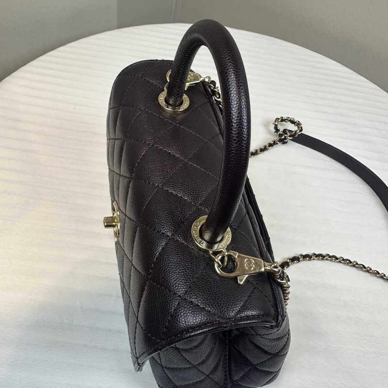 香奈兒/Chanel Coco Handle 小號深紫棕色荔枝皮牛皮手提斜背包24x10x14cm-4
