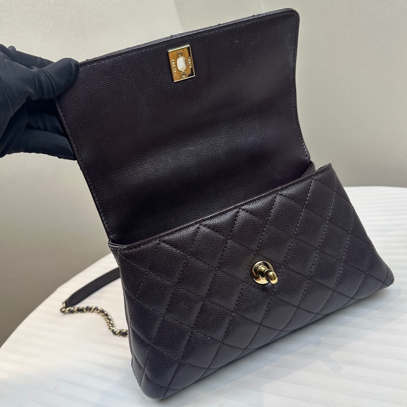 香奈兒/Chanel Coco Handle 小號深紫棕色荔枝皮牛皮手提斜背包24x10x14cm-6