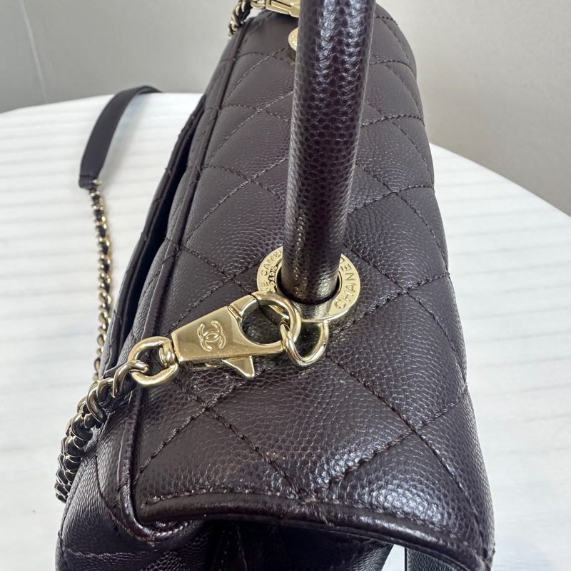 香奈兒/Chanel Coco Handle 小號深紫棕色荔枝皮牛皮手提斜背包24x10x14cm-8