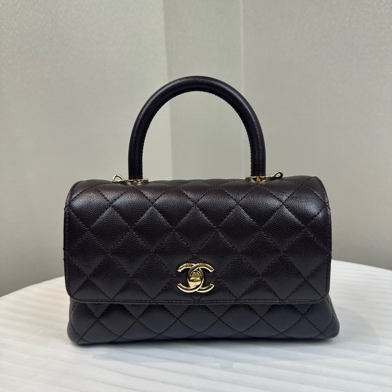 香奈兒/Chanel Coco Handle 小號深紫棕色荔枝皮牛皮手提斜背包24x10x14cm-9