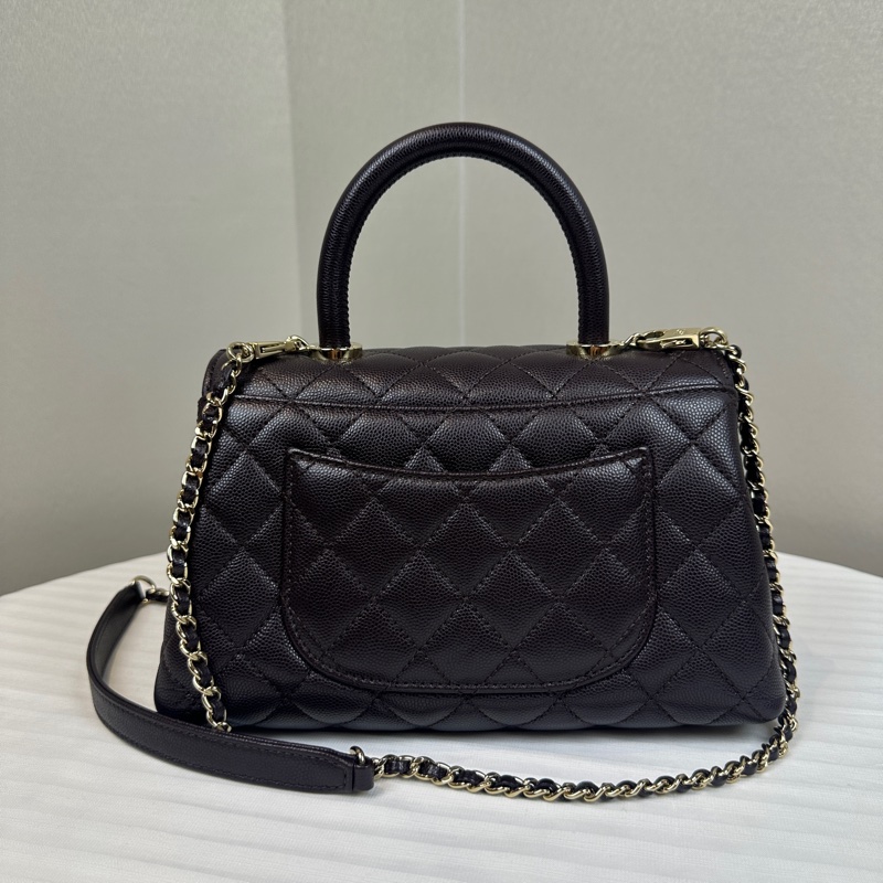 香奈兒/Chanel Coco Handle 小號深紫棕色荔枝皮牛皮手提斜背包24x10x14cm-10
