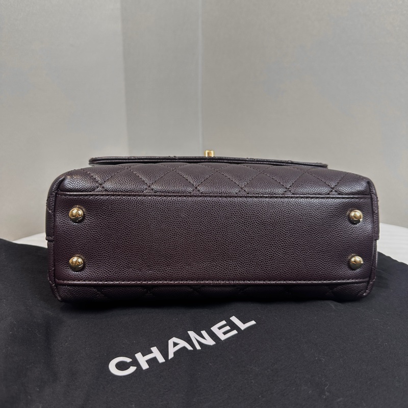 香奈兒/Chanel Coco Handle 小號深紫棕色荔枝皮牛皮手提斜背包24x10x14cm-11