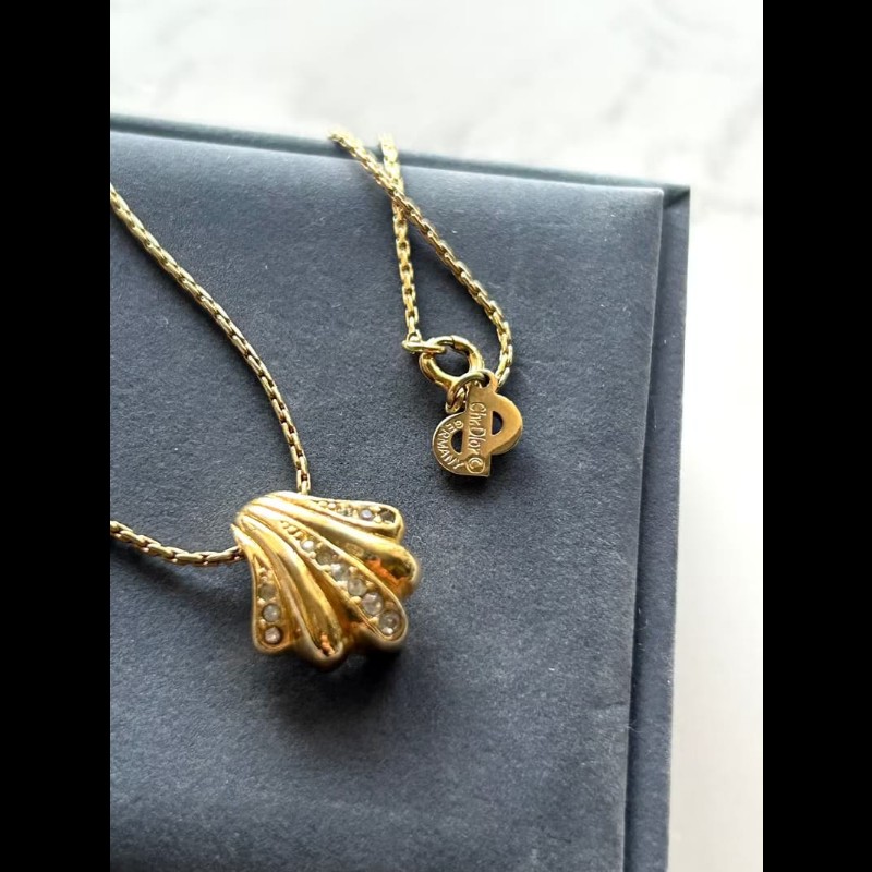【LA LUNE】中古Dior 金色水鑽貝殼復古頸鏈 項鏈 首飾飾品 二手 古董 禮物-5