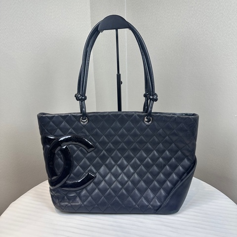 香奈兒/Chanel Vintage Cambon Tote Bag 黑色銀扣牛皮康鵬托特包30x14x24cm