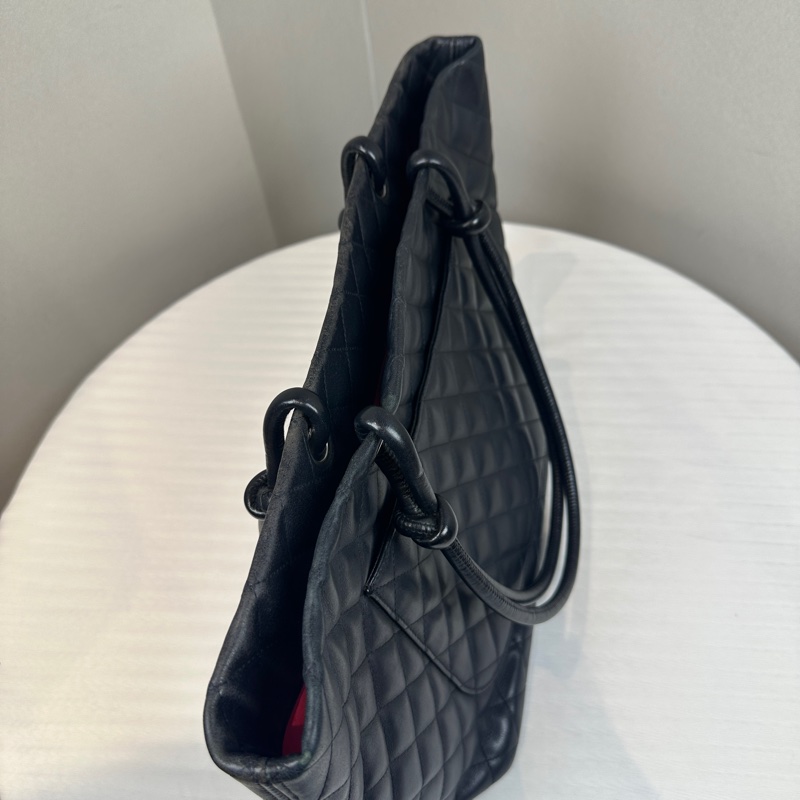 香奈兒/Chanel Vintage Cambon Tote Bag 黑色銀扣牛皮康鵬托特包30x14x24cm-4