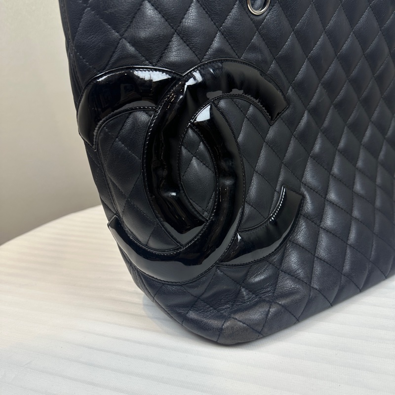 香奈兒/Chanel Vintage Cambon Tote Bag 黑色銀扣牛皮康鵬托特包30x14x24cm-6