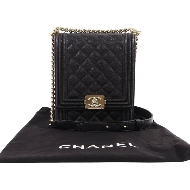 CHANEL 牛皮皮革Boy金扣鏈帶肩背袋-9