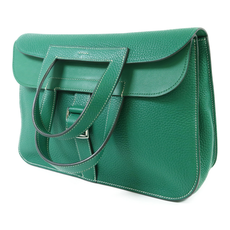 HERMES Clemence皮革Halzan 31銀扣手挽肩背兩用袋綠色-2