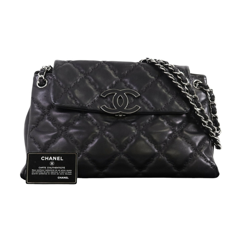 CHANEL 牛皮皮革Chain Shoulder銀扣鏈帶肩背袋-9