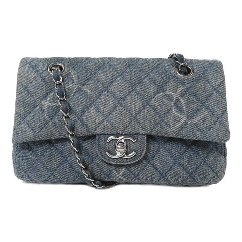 CHANEL 牛仔布Classic 25銀扣鏈帶肩背袋