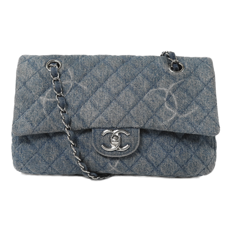 CHANEL 牛仔布Classic 25銀扣鏈帶肩背袋-0