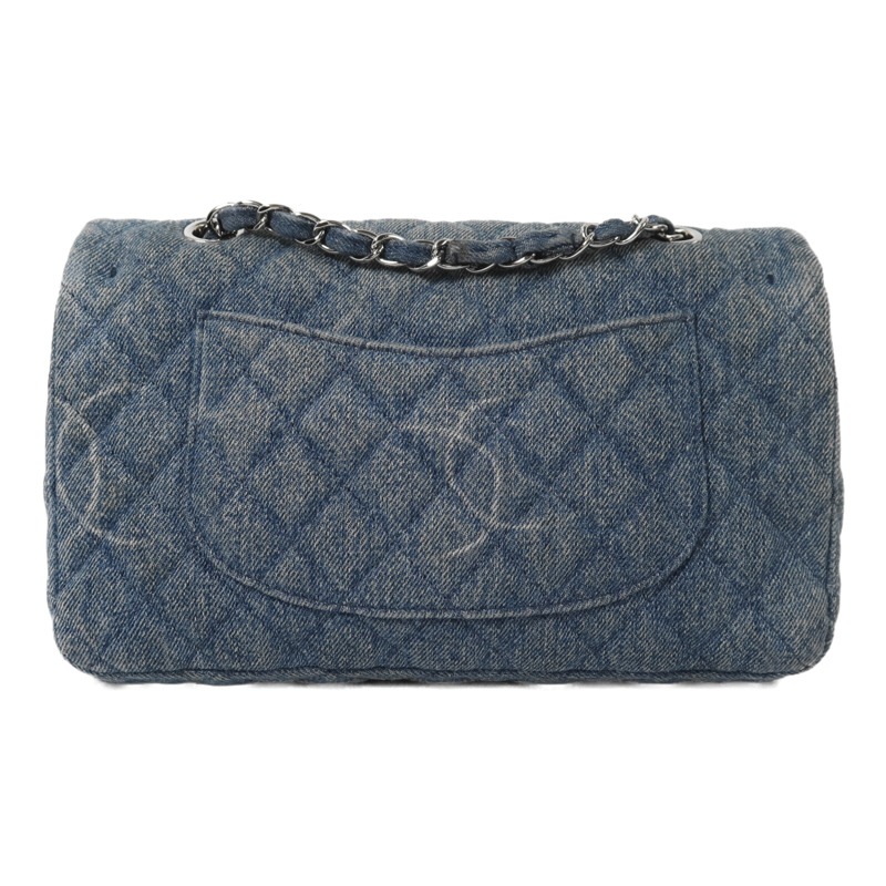 CHANEL 牛仔布Classic 25銀扣鏈帶肩背袋-1