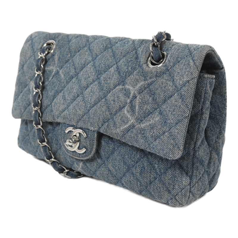 CHANEL 牛仔布Classic 25銀扣鏈帶肩背袋-2