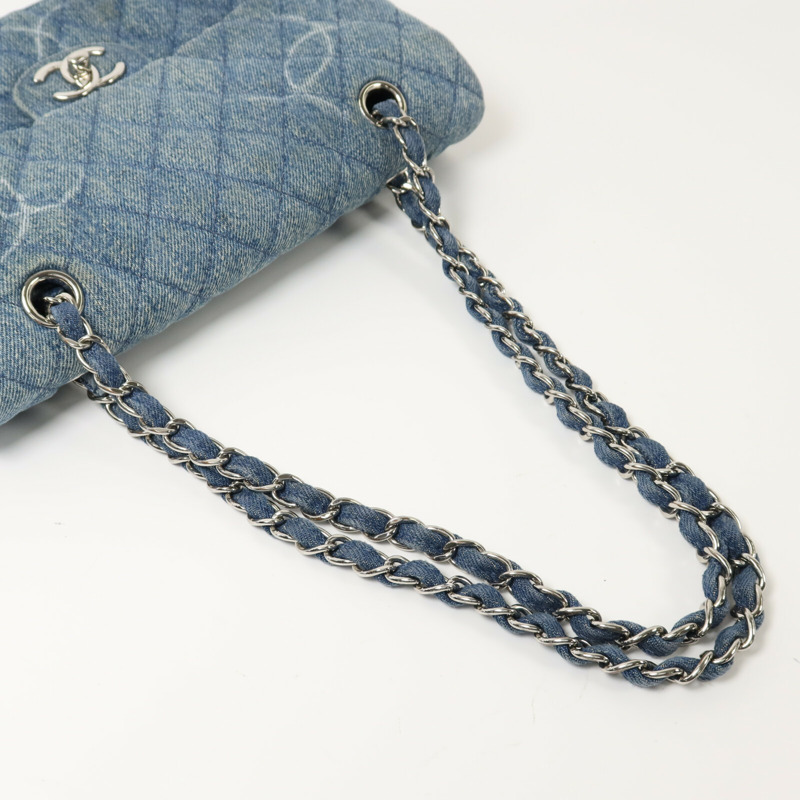 CHANEL 牛仔布Classic 25銀扣鏈帶肩背袋-7