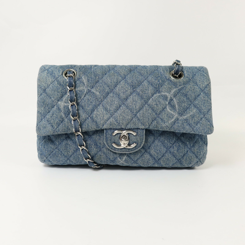 CHANEL 牛仔布Classic 25銀扣鏈帶肩背袋-8