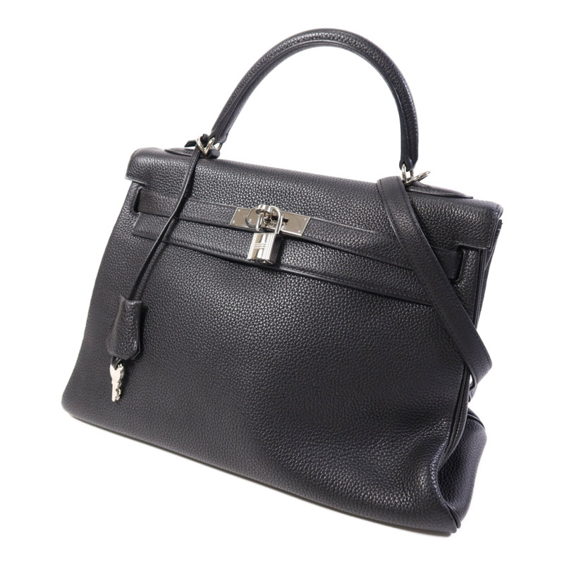 HERMES Clemence皮革Kelly 32銀扣手挽肩背兩用袋Noir-2