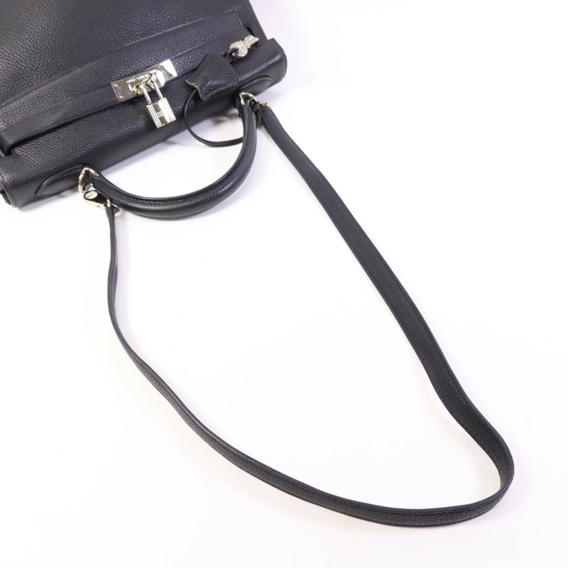 HERMES Clemence皮革Kelly 32銀扣手挽肩背兩用袋Noir-8