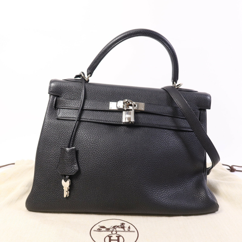 HERMES Clemence皮革Kelly 32銀扣手挽肩背兩用袋Noir-9