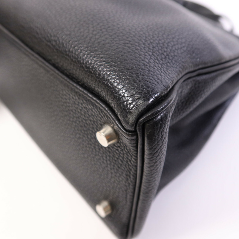 HERMES Clemence皮革Kelly 32銀扣手挽肩背兩用袋Noir-12