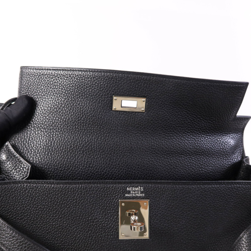 HERMES Clemence皮革Kelly 32銀扣手挽肩背兩用袋Noir-14