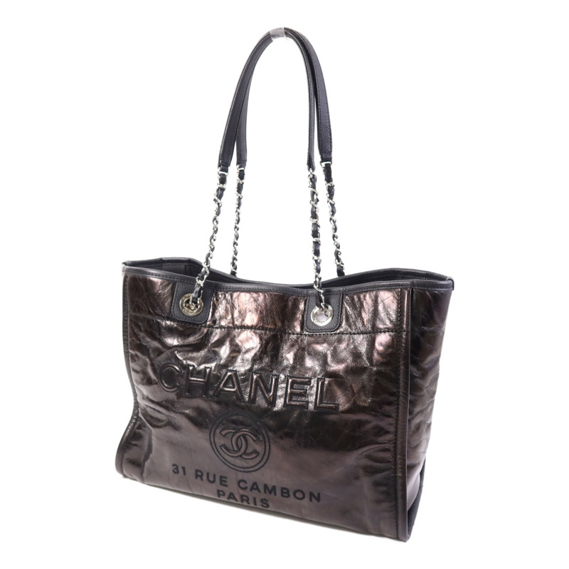 CHANEL 牛皮皮革Deauville Tote Bag銀扣手挽袋-2