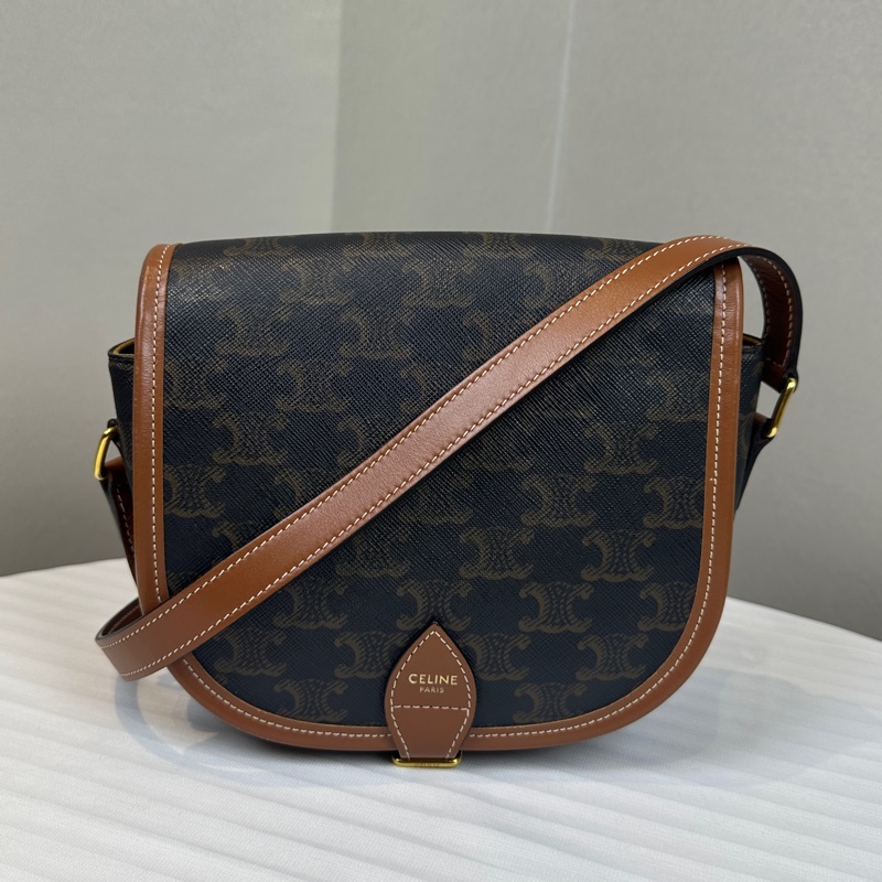 賽琳/Celine Medium Folco 中號金扣凱旋門老花馬鞍包 塗層帆布配棕色牛皮18.5x7x17cm-0