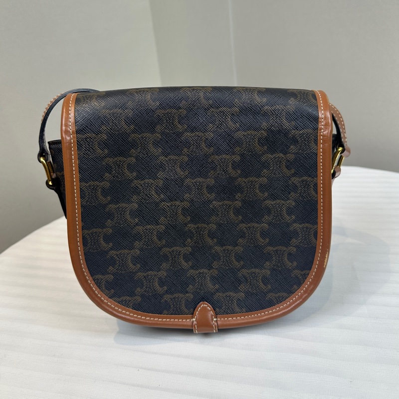 賽琳/Celine Medium Folco 中號金扣凱旋門老花馬鞍包 塗層帆布配棕色牛皮18.5x7x17cm-1