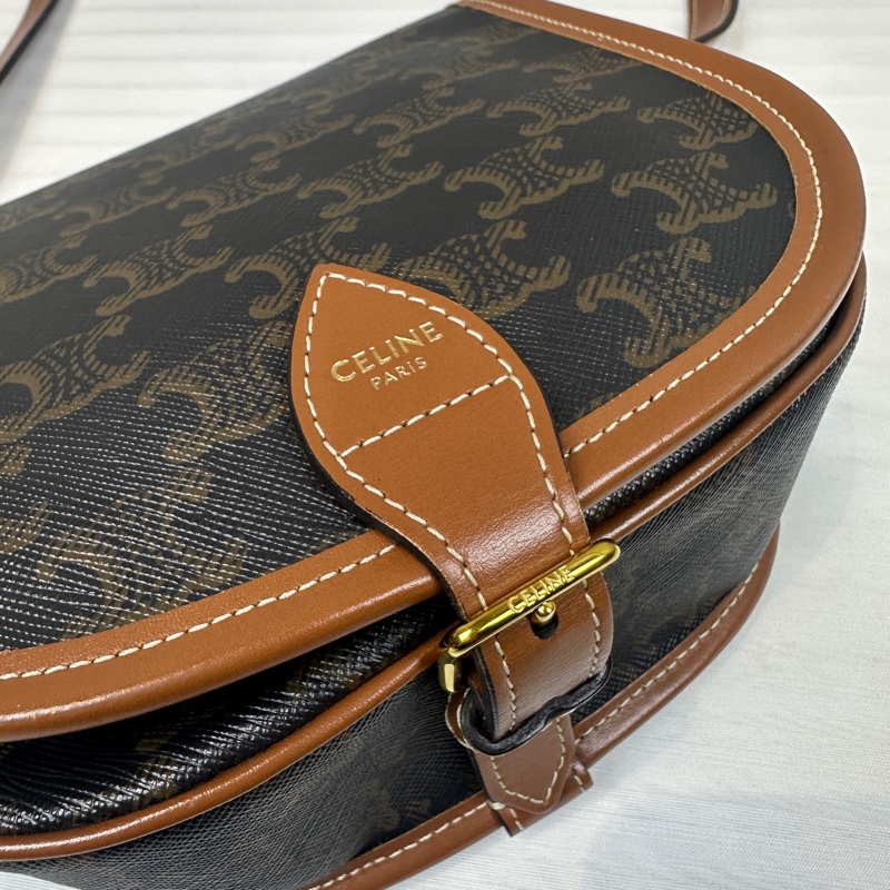 賽琳/Celine Medium Folco 中號金扣凱旋門老花馬鞍包 塗層帆布配棕色牛皮18.5x7x17cm-12