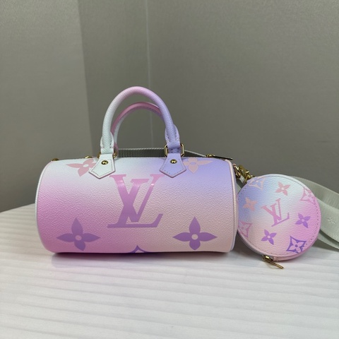 路易威登/Louis Vuitton Papillon BB 漸層粉紫老花圓桶包手提斜背包20x10x10cm