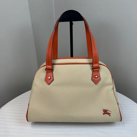 Burberry Blue Label 藍標帆布配橙色皮革滾邊手提包波士頓包29x16x20cm