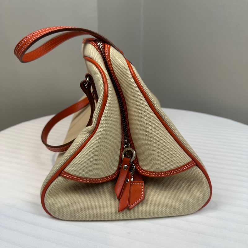 Burberry Blue Label 藍標帆布配橙色皮革滾邊手提包波士頓包29x16x20cm-2