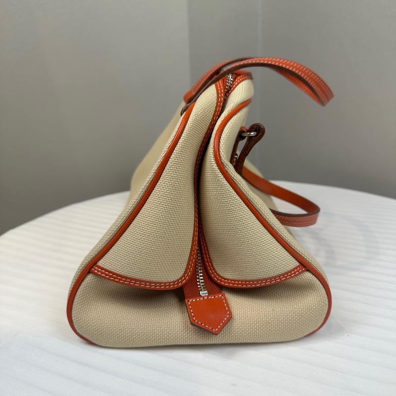 Burberry Blue Label 藍標帆布配橙色皮革滾邊手提包波士頓包29x16x20cm-3