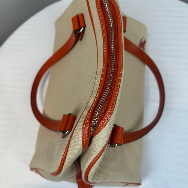 Burberry Blue Label 藍標帆布配橙色皮革滾邊手提包波士頓包29x16x20cm-4